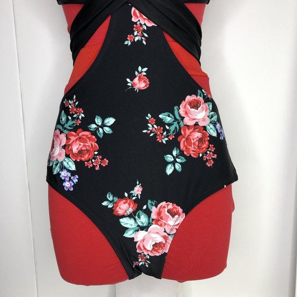 NWT CUPSHE Black Floral Wrap Cutout 1 Piece Bathing Suit Swimsuit Sz S Tie Back - Picture 8 of 14